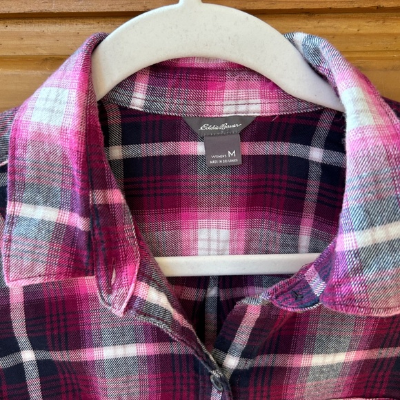 Eddie Bauer Plaid Flannel Shirt Button Up Cotton/Tencel Pink Black Women Medium - Picture 2 of 8
